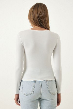 Женская белая базовая трикотажная блузка с круглым вырезом RX00048