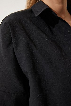 Женская черная длинная базовая рубашка оверсайз DD00842