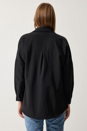 Женская черная длинная базовая рубашка оверсайз DD00842