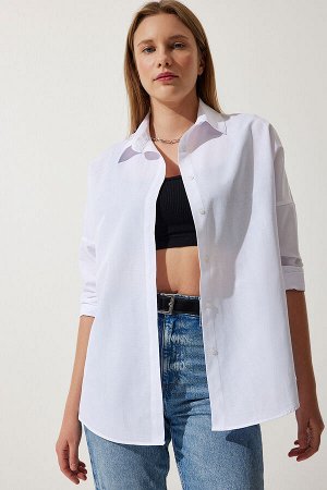 Женская белая длинная базовая рубашка оверсайз DD00842