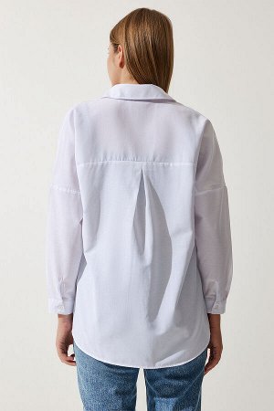 Женская белая длинная базовая рубашка оверсайз DD00842