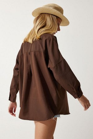 Женская длинная базовая рубашка оверсайз горько-коричневого цвета DD00842