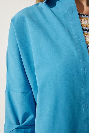 Женская синяя длинная базовая рубашка оверсайз DD00842