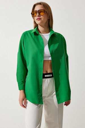 Женская темно-зеленая длинная базовая рубашка оверсайз DD00842