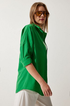 Женская темно-зеленая длинная базовая рубашка оверсайз DD00842