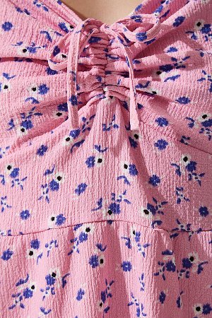 happinessistanbul Женское светло-розовое трикотажное платье со сборками и v-образным вырезом с рисунком ZV00267