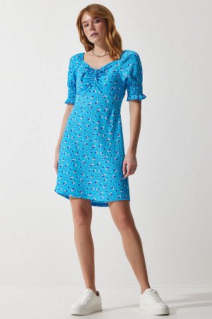 Женское голубое трикотажное платье со сборками и v-образным вырезом ZV00267