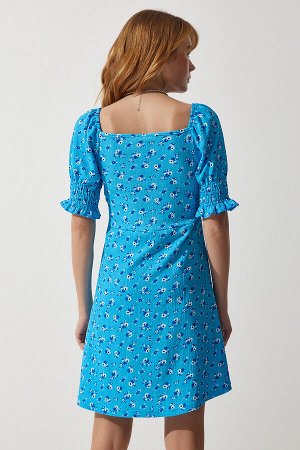 Женское голубое трикотажное платье со сборками и v-образным вырезом ZV00267