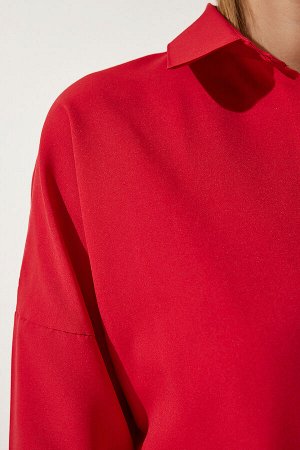Женская красная длинная базовая рубашка оверсайз DD00842