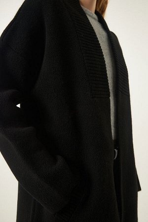 Женский черный кардиган из плотного фактурного трикотажа с карманами PF00063
