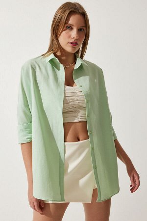 Женская бледно-зеленая длинная базовая рубашка оверсайз DD00842