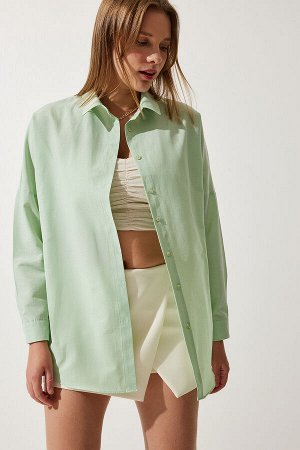 Женская бледно-зеленая длинная базовая рубашка оверсайз DD00842