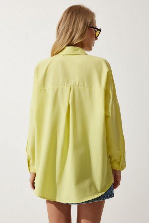 Женская светло-желтая длинная базовая рубашка оверсайз DD00842