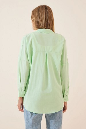 happinessistanbul Женская светло-зеленая длинная базовая рубашка оверсайз DD00842