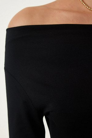 Женская черная трикотажная блузка с вырезом «лодочка» RX00046