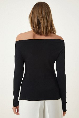 Женская черная трикотажная блузка с вырезом «лодочка» RX00046