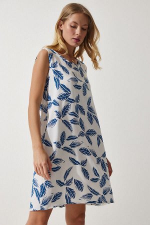 Женское белое, темно-синее мини-платье из льна и вискозы с рисунком BH00343