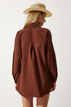 Женская длинная базовая рубашка оверсайз шоколадного цвета DD00842