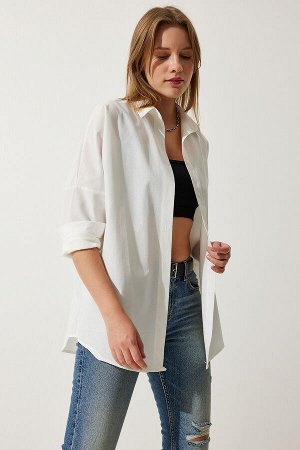 Женская длинная базовая рубашка цвета экрю оверсайз DD00842