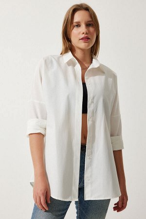 Женская длинная базовая рубашка цвета экрю оверсайз DD00842