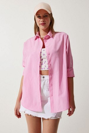 Женская розовая длинная базовая рубашка оверсайз DD00842