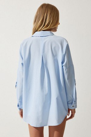 Женская рубашка бойфренда из поплина небесно-голубого цвета с карманами MX00156