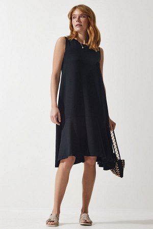 Женское черное трикотажное платье трапециевидной формы с круглым вырезом и воланами BF00089
