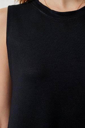 Женское черное трикотажное платье трапециевидной формы с круглым вырезом и воланами BF00089