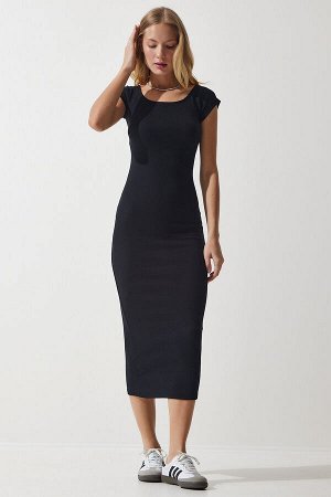 Женское черное вязаное платье из модала с круглым вырезом UB00249