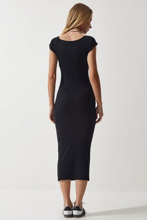 Женское черное вязаное платье из модала с круглым вырезом UB00249