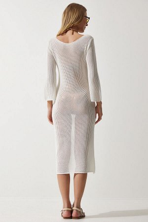 Женское ажурное прозрачное длинное трикотажное платье цвета экрю PF00064