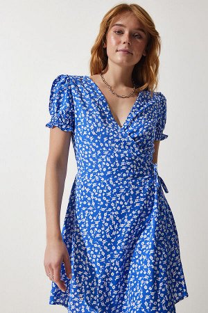 happinessistanbul Женское синее платье из вискозной ткани с узором UB00111