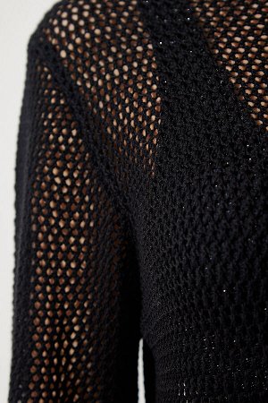 Женское черное ажурное прозрачное длинное трикотажное платье PF00064