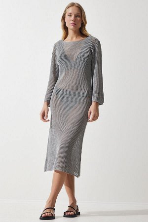Женское серое ажурное прозрачное длинное трикотажное платье PF00064