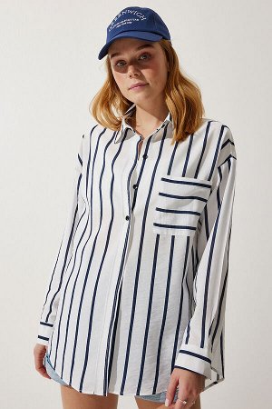 Женская белая, темно-синяя полосатая рубашка из поплина оверсайз FF00155