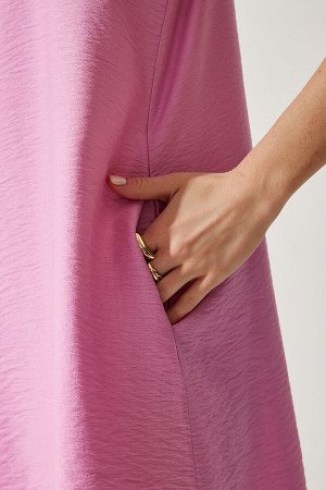 happinessistanbul Женское светло-розовое льняное платье трапециевидного силуэта без рукавов из вискозы JH00005