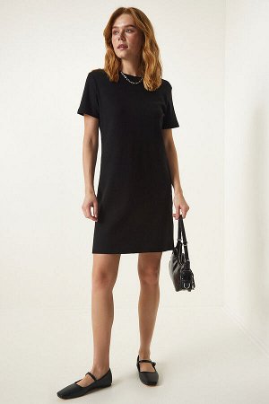 Женское черное трикотажное платье с круглым вырезом OW00026