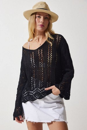 Женский черный ажурный сезонный трикотажный свитер YU00010