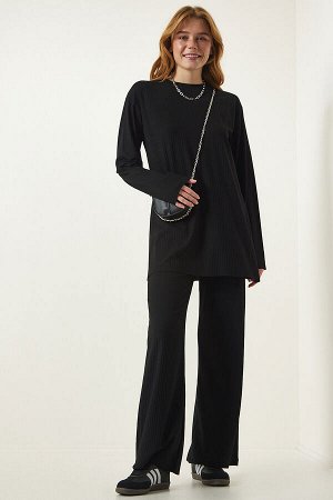Женский комплект из черной трикотажной блузки и брюк на шнурке KH00088