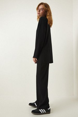 Женский комплект из черной трикотажной блузки и брюк на шнурке KH00088