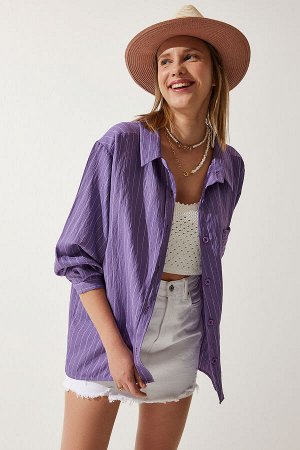 Женская вискозная рубашка в фиолетовую полоску с карманами DE00030