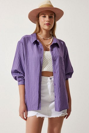 Женская вискозная рубашка в фиолетовую полоску с карманами DE00030