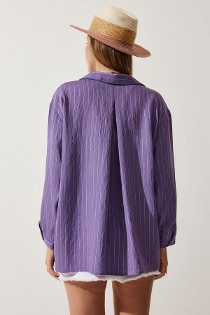happinessistanbul Женская вискозная рубашка в фиолетовую полоску с карманами DE00030