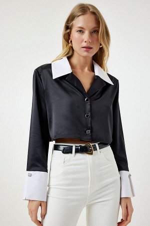 Женская черная стильная атласная укороченная рубашка на пуговицах SF00017