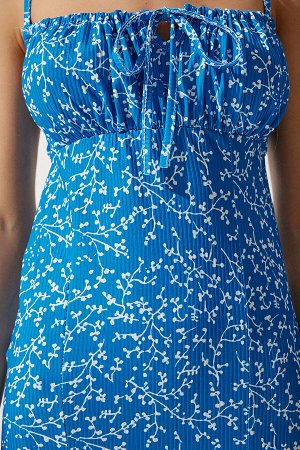 Женское сине-белое летнее трикотажное платье с разрезом и цветочным принтом CI00029