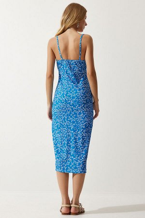 Женское сине-белое летнее трикотажное платье с разрезом и цветочным принтом CI00029
