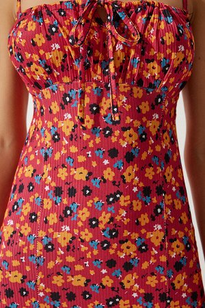 Женское красно-оранжевое летнее трикотажное платье с разрезом и цветочным принтом CI00029
