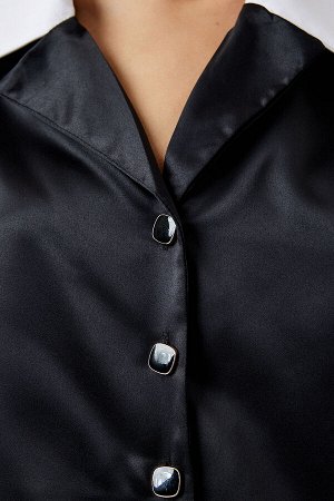 Женская черная стильная атласная укороченная рубашка на пуговицах SF00017
