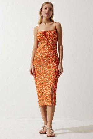 Женское оранжево-желтое летнее вязаное платье с разрезом и цветочным принтом CI00029