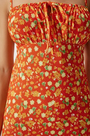 Женское оранжево-желтое летнее вязаное платье с разрезом и цветочным принтом CI00029